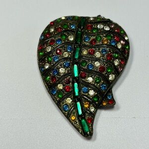 ANTIQUE Art Deco Fur Clip VINTAGE Rhinestone Brooch Dress Clip Leaf 1930s Pin